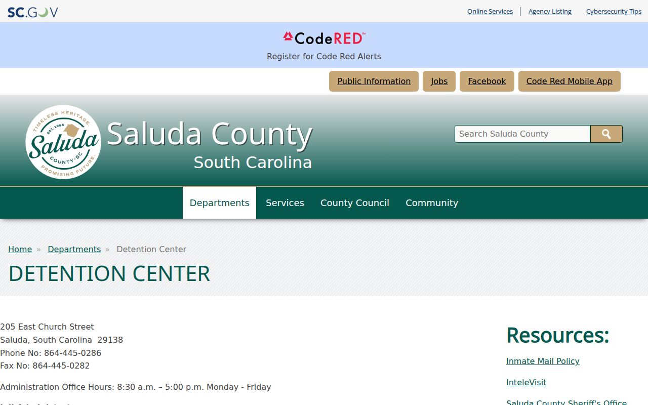 Saluda County Detention Center contact and resource page