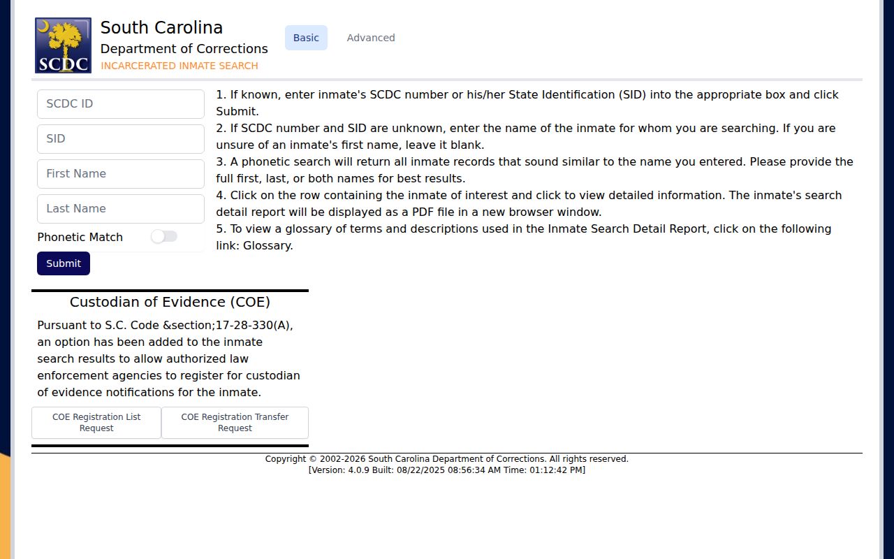 South Carolina Department of Corrections public inmate search interface