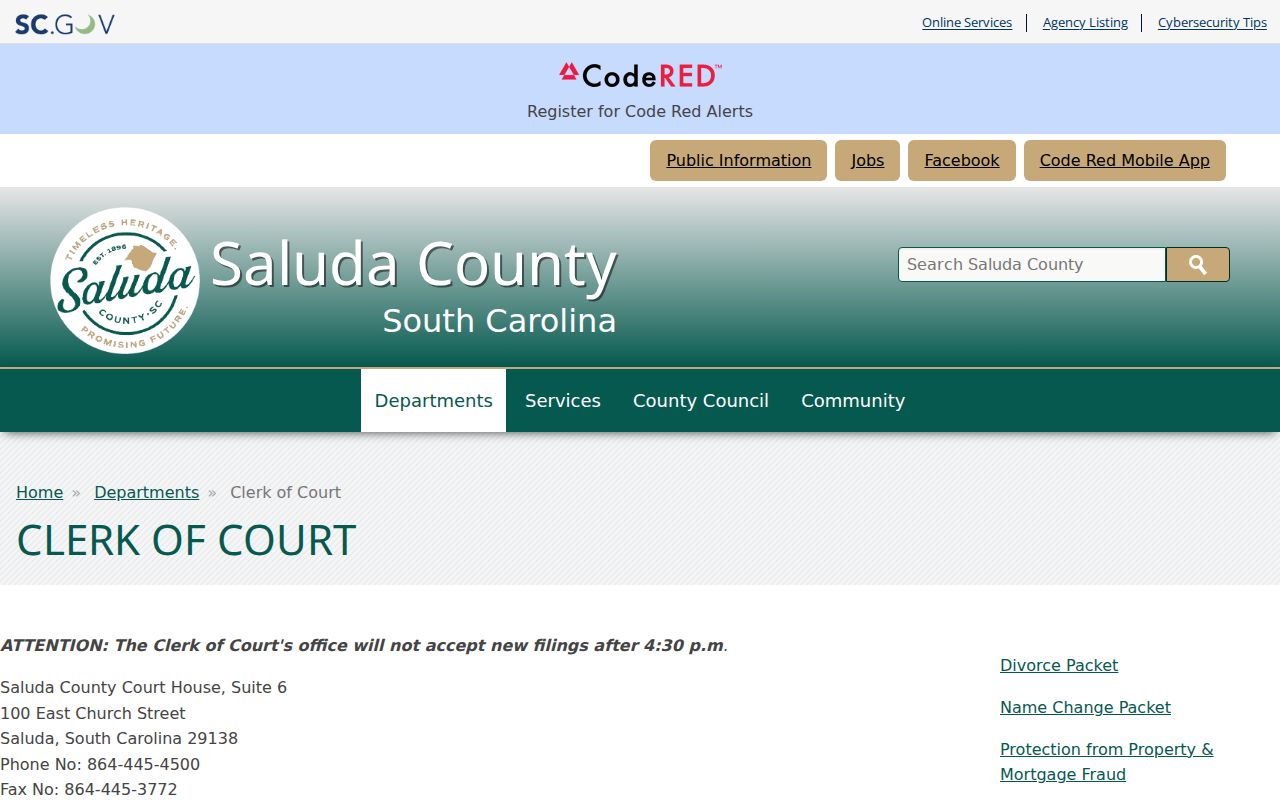 Saluda County Clerk of Court page with contact and Public Portal information