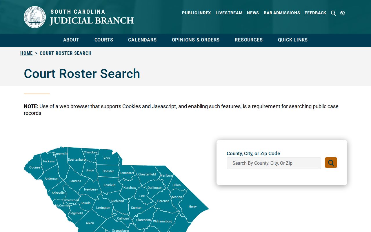 South Carolina Judicial Branch court roster county selector