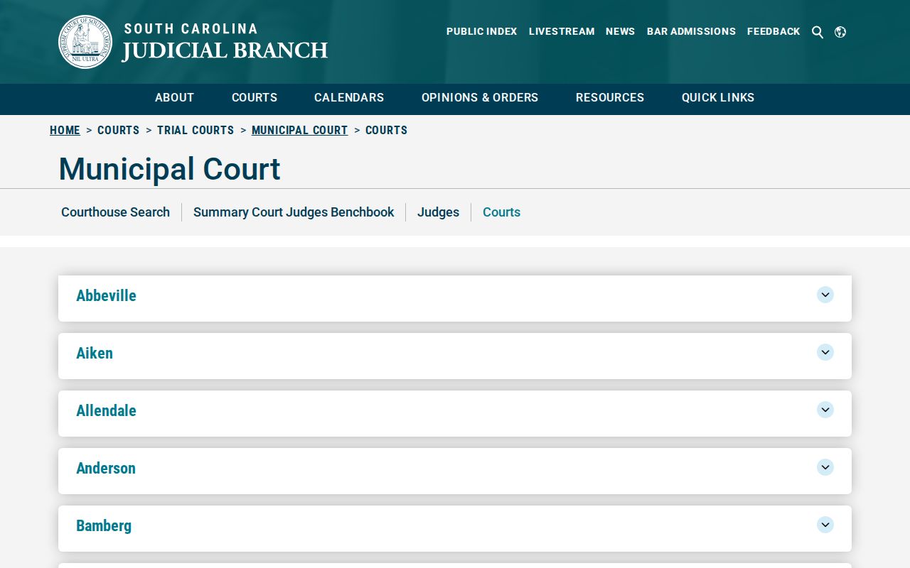 South Carolina Judicial Branch municipal court directory