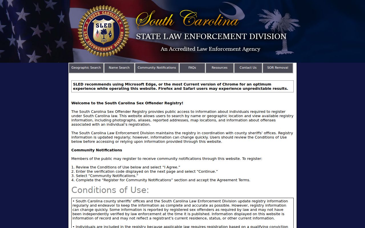 Saluda County sex offender check name-search interface in SORT